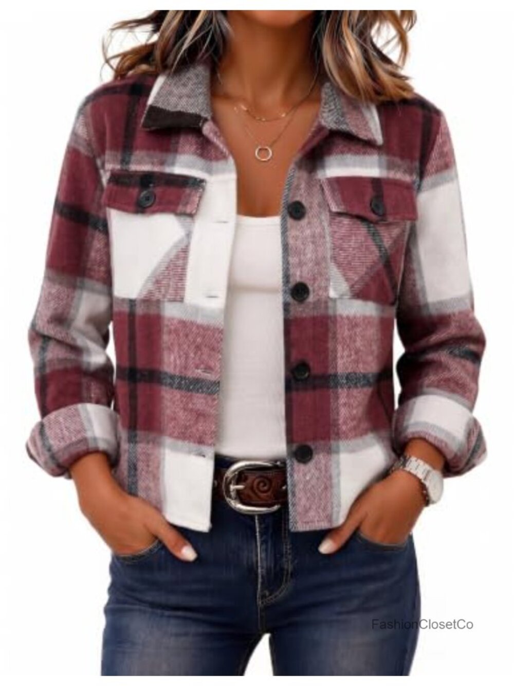 Cropped Plaid Flannel Shacket Button Front Casual Jacket